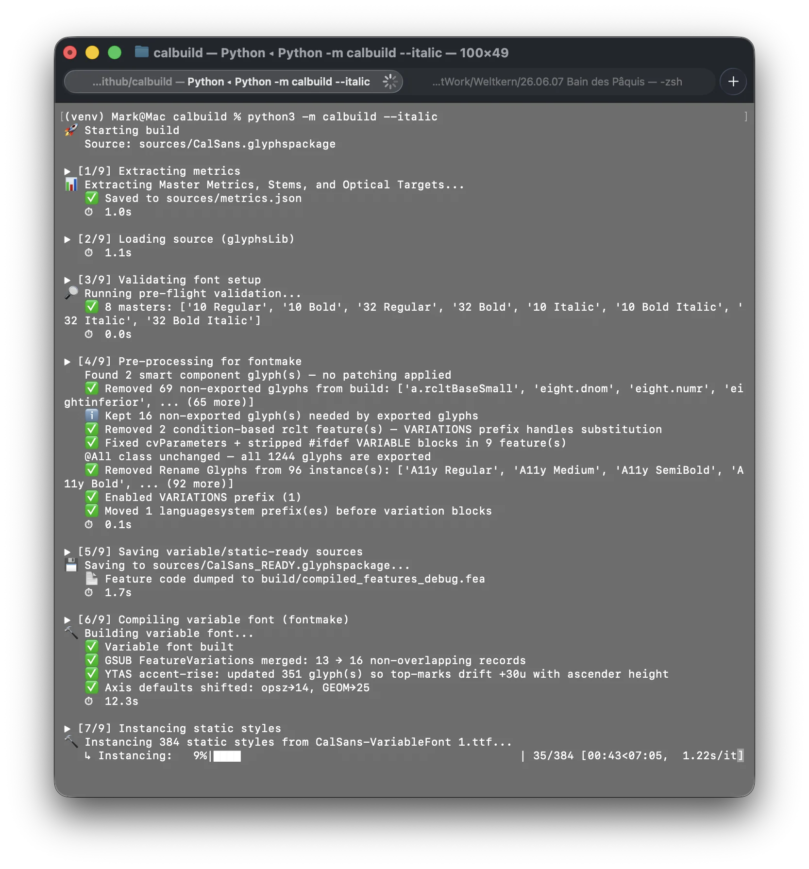 Terminal: calbuild validating 8 masters, compiling the variable font and instancing 384 static styles