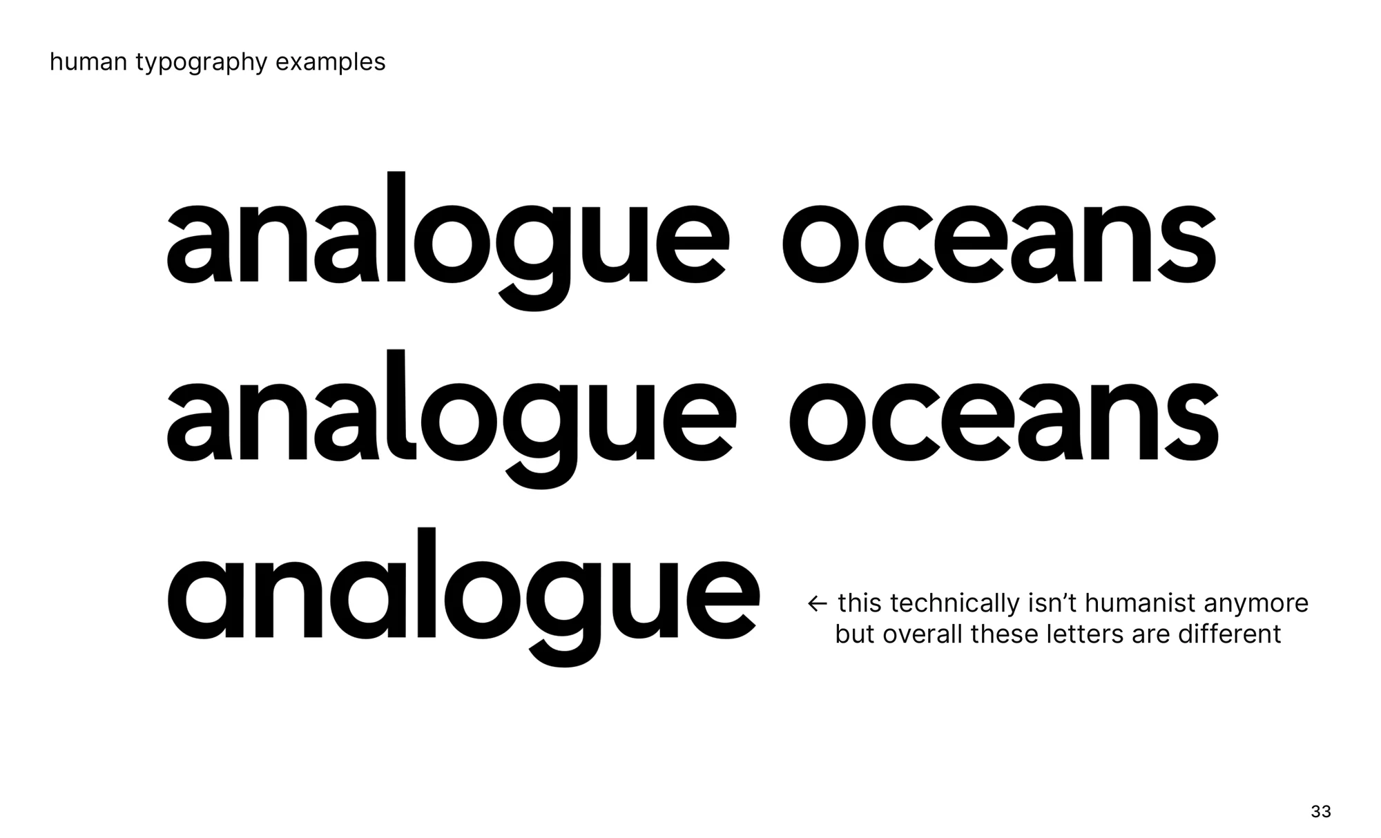 Deck page: human typography examples, analogue oceans in three cuts
