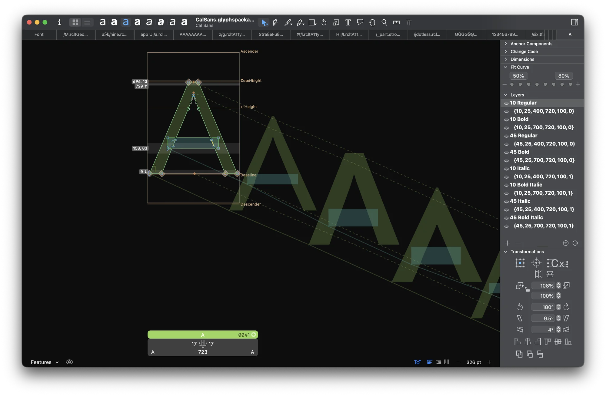 Glyphs, the letter A with its eight master layers listed by axis position, dark theme