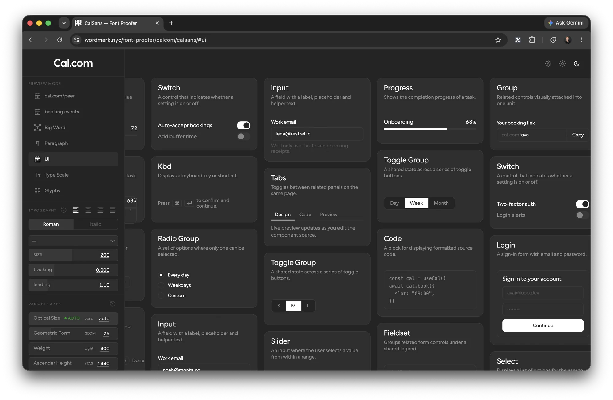 font-proofer showing the Cal.com component board, dark