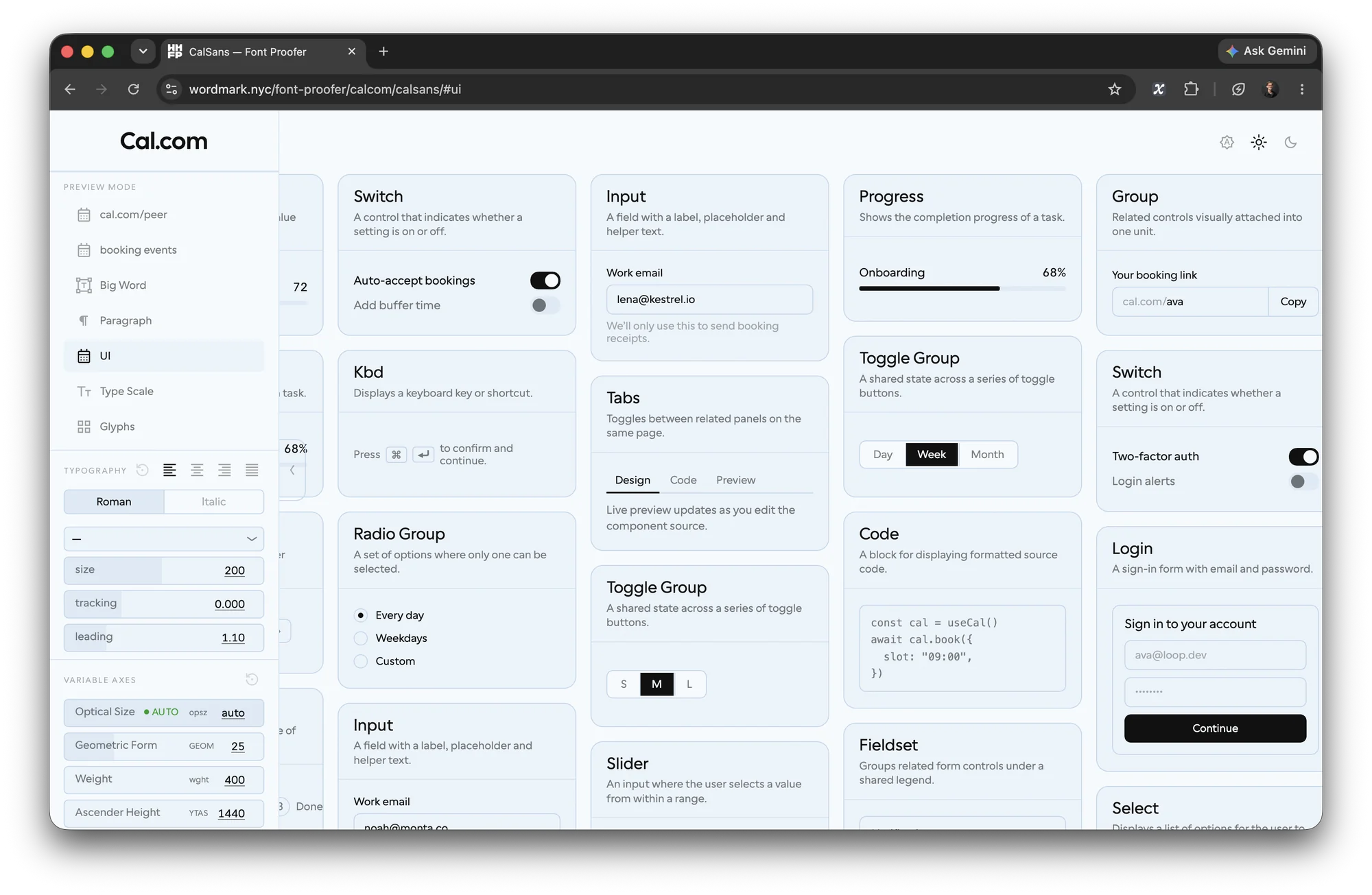 font-proofer showing the Cal.com component board